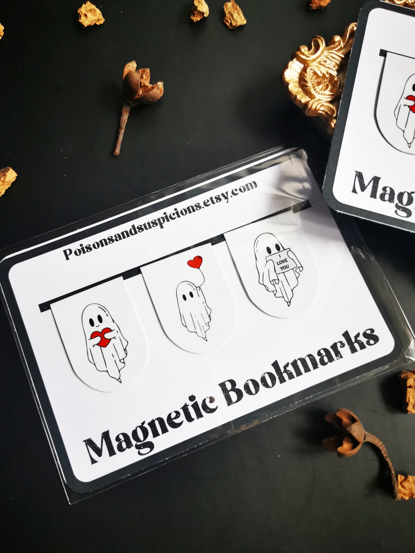 Bundle of 3 Mini Magnetic Bookmarks "Creepy Cute Love Ghosts"