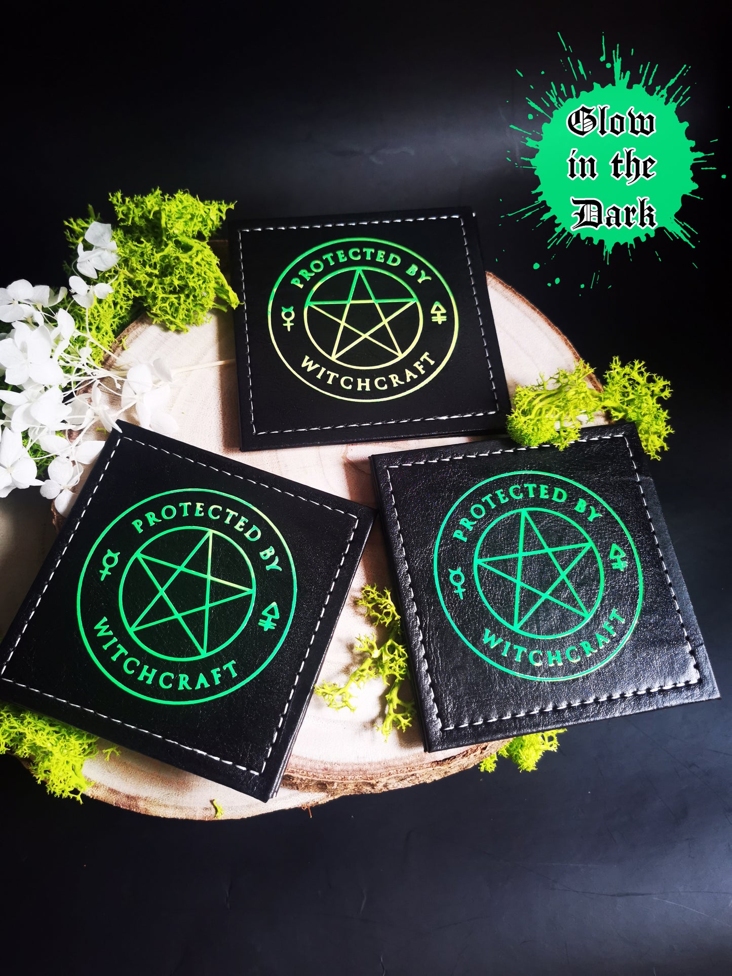 “Protected by Witchcraft” Coasters Glow in the Dark