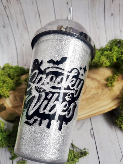 Silver Dome Tumbler with Straw "Spooky Vibes"