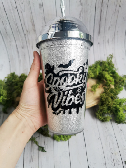 Silver Dome Tumbler with Straw "Spooky Vibes"